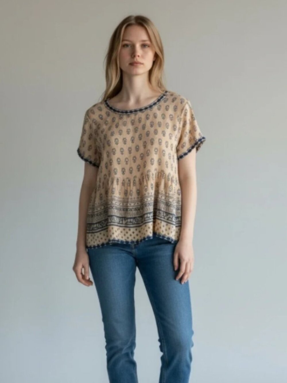 Sigrid Olson Beige Blue Country Print Doves & Floral Embroidery Trim Peplum Top